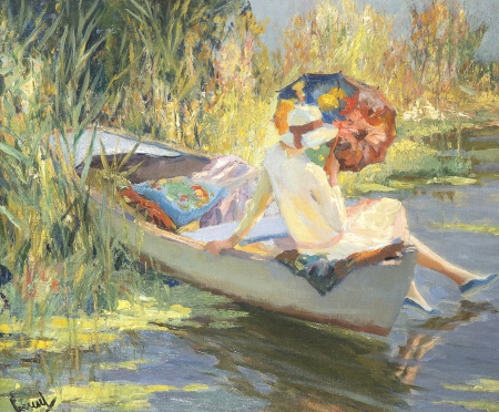 Quiet waters - woman, edward cucuel, water, summer, painting, art, umbrella, pictura, boat