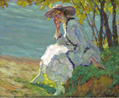 Summer dreaming - hat, pictura, summer, woman, painting, edward cucuel, art