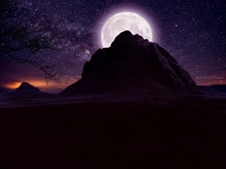 Under the twilight - moon, stars, moonlight, mountain, universe, twilight, land, galaxy, sky