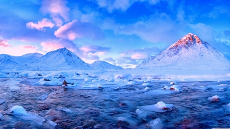 River in the Mountain - river, winter, nature, snow, mountain, sky