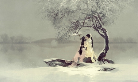 The kiss - couple, girl, iarna, winter, fantasy, asian, white, art, lovers, kiss, man, luminos, tree