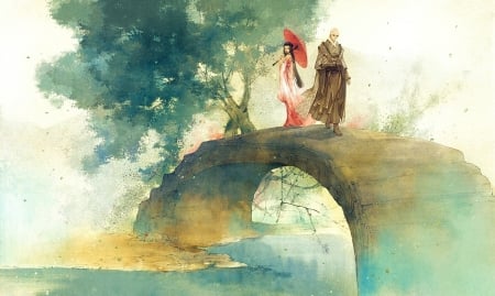 Strangers - bridge, girl, umbrella, art, monk, pond, fantasy, kimono, asian, luminos, couple, parasol, man