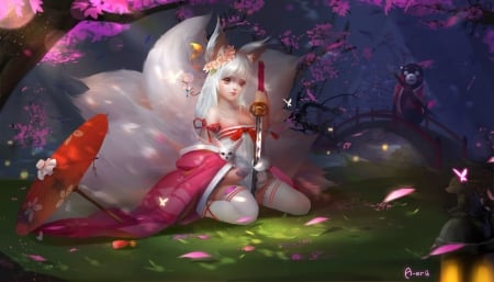 Ahri - ears, fox, girl, pink, a sr, ahri, fantasy, white, red, nine tails, luminos