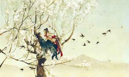 Lovers - bird, girl, man, tree, fantasy, art, asian, luminos, lovers