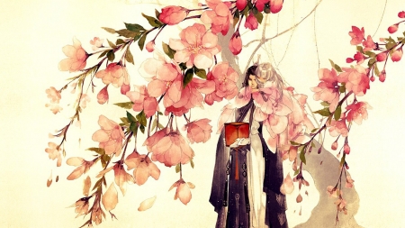 Big brother - child, copil, pink, spring, blossom, sakura, brother, art, fantasy, little, sister, cherry, asian, luminos, man