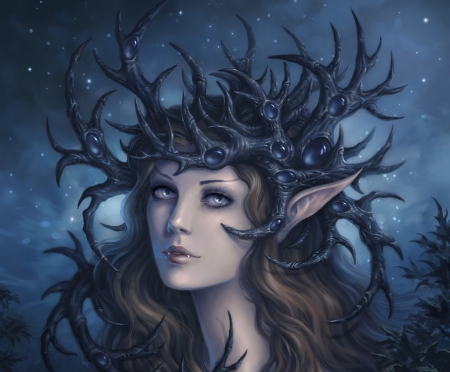 Horned crown - elf, fantasy, queen, girl, horned crown, face, candra, luminos