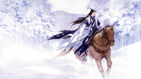 Winter - winter, rider, man, horse, fantasy, white, iarna, art, asian, luminos