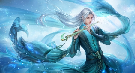 Flute singer - blue, 3q studio, singer, man, handsome, fantasy, wind, white, flute, luminos