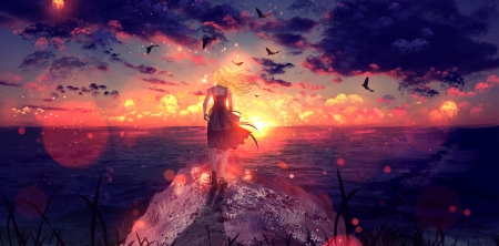 True the wind - bird, girl, fantasy, wind, sunset, ryky, cloud, art, luminos, sky