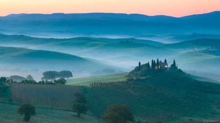 Dawn over the Italian hills - dawn, trees, nature, fog, italy, mountain