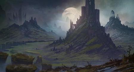 Moonlight - moon, art, castle, mount, luna, fantasy, ruin