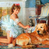 Little ballerina with dog and kitten