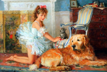 Little ballerina with dog and kitten - girl, child, copil, caine, painting, art, dog, pictura, ballerina