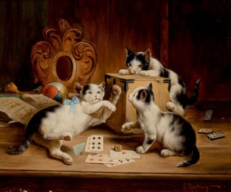 Playing cards - cat, pictura, pisica, kitten, carl reichert, painting, cute, card, art