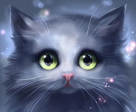 Cat - eyes, cat, fantasy, pisica, develv, grey, green, face, luminos