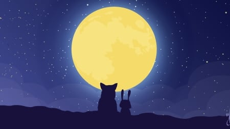 Full moon - moon, rabbit, yellow, blue, silhouette, night, bunny, stars, fantasy, luminos, sky, luna