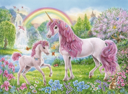 Unicorns - white, baby, pink, green, fantasy, cute, unicorn