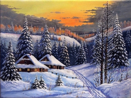 Beautiful landscape - cottage, houses, sun, winter, colorful, lovely, nature, pretty, evening, beautiful, splendor, color, outdoor