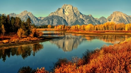 Autumn River - river, trees, nature, autumn, lake, forest, mountains