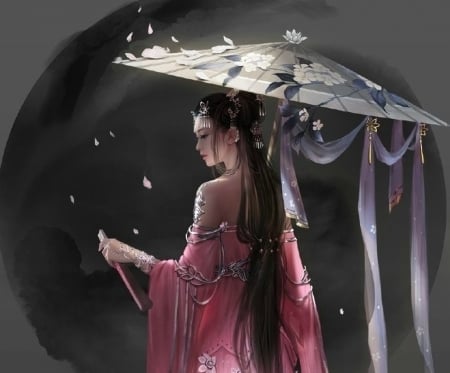 Princess - girl, fan, pink, frumusete, fantasy, white, umbrella, asian, luminos