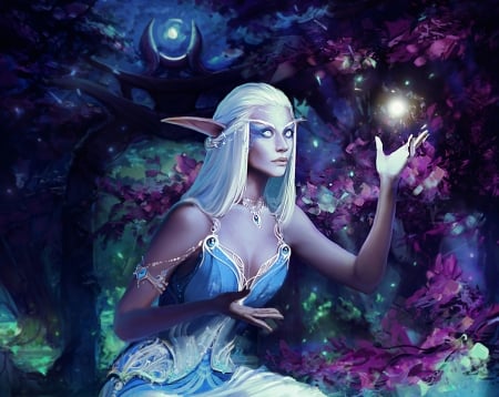 Shaileer Moonflower - elf, girl, exellero, fantasy, purple, shaileer moonflower, hand, luminos, blue, flower