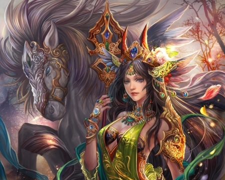 Dark queen - horse, dark queen, girl, frumusete, art, fantasy, fan yang, orange, jiuge, luminos, green