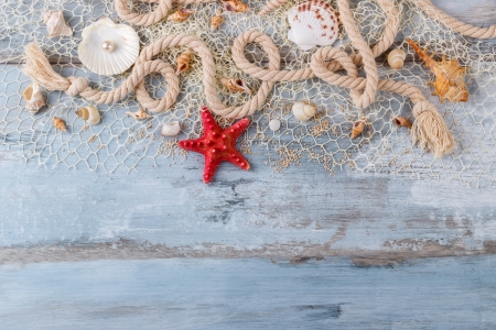 Happy Summer! - shell, starfish, summer, blue, red, wood, card