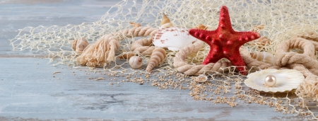 Happy Summer! - red, summer, card, starfish, shell, wood, blue