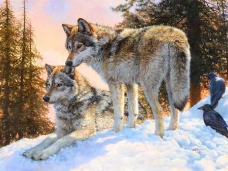 Yellowstone evening - corb, lup, iarna, winter, bird, raven, pasare, wolf, painting, art, snow, pictura, bonnie marris