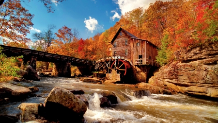 Autumn  Mill - river, water, nature, autumn, mill, tankers, creek, rocks