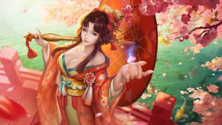 Princess - princess, parasol, sumemr, girl, frumusete, asian, fantasy, mt, hand, red, umbrella, luminos, koi, fish, orange