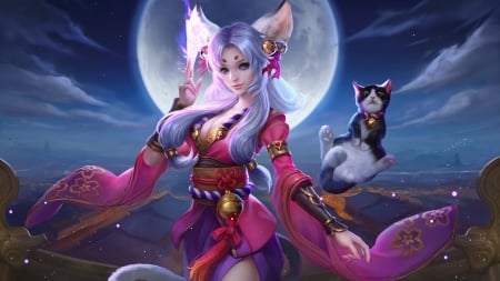 Fantasy girl - moon, cat, frumusete, pisica, mt, ears, game, pink, blue, luminos, luna, cute