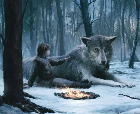 Bran Stark and Summer - game of thrones, winter, summer, blue, wolf, forest, tree, boy, pictura, fantasy, painting, bran stark, iarna, art, joshua cairos