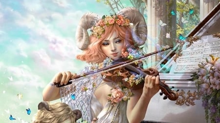 Serenade to spring ~ Aries - violin, aries, girl, spring, orange, fantasy, instrument, serenade, hoanglap solan, zodiac, luminos