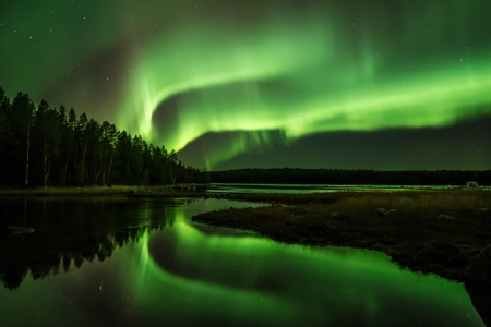 Aurora - green, sky, aurora, lake