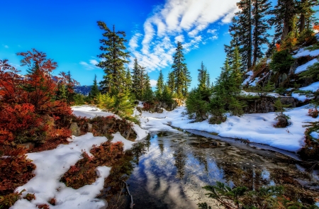 Between autumn and winter - winter, pond, autumn, creek, snow, mountain, sky