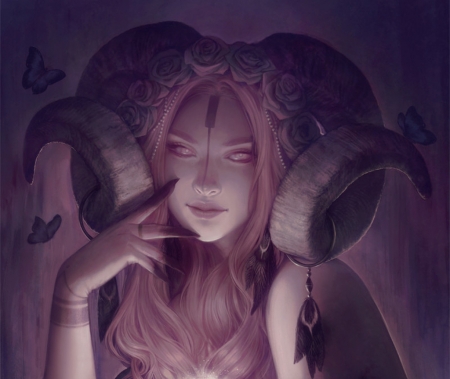 Zodiac ~ Aries - zodiac, girl, fantasy, horns, irene munoz, purple, art, hand, pink, aries