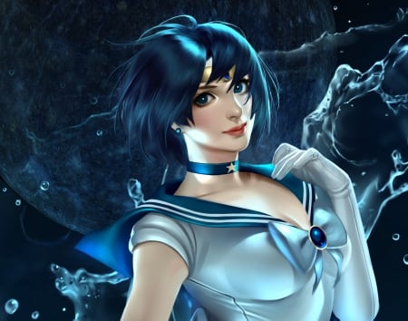 Sailor Mercury - anime, water, blue, sailor mercury, girl, alex malveda, sailor moon, manga, fantasy, luminos