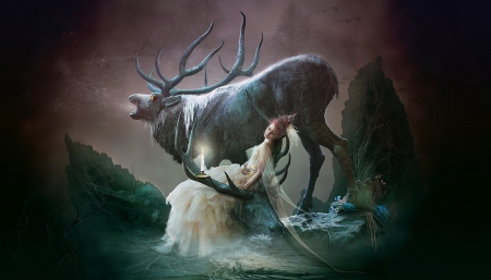 The rise of winter king - girl, winter, king, creative, deer, fantasy, nova63, horns