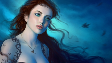 Beauty - face, wind, girl, frumusete, redhead, blue, art, fantasy, leaf, luminos, autumn