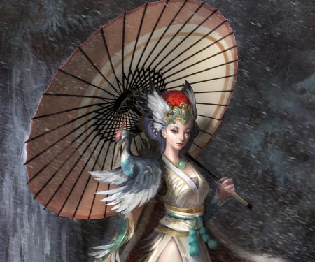 Fantasy girl - parasol, girl, frumusete, fantasy, pasare, bird, art, umbrella, luminos, yang chen