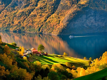 Mountain Landscape - trees, hills, ship, grass, meadow, forest, reflection, mountain, nature, houses