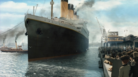 titanic - wharf, people, ship, titanic, ocean