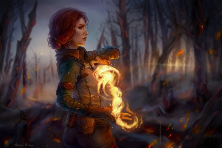 Triss - the withcer, game, annahelme, girl, tirss, witch, fantasy, redhead, fire, spell, art, luminos