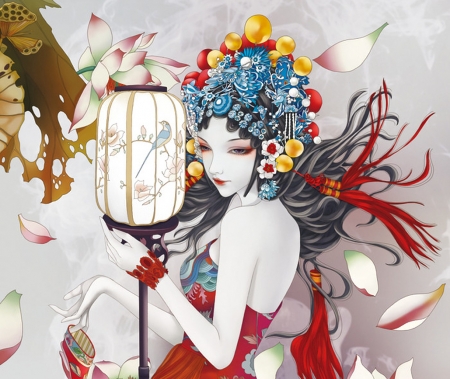 Asian girl - asian girl, red, flower, girl, frumusete, lantern, fantasy, tattoo, luminos