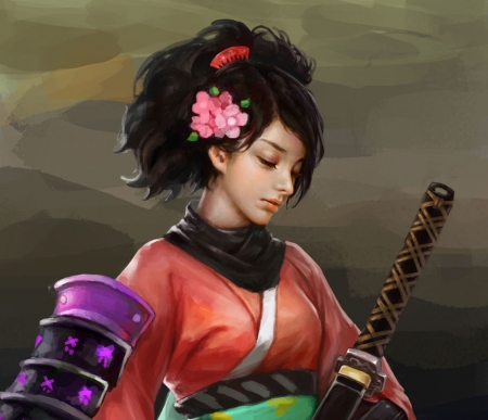 Samurai girl - girl, sword, flower, pink, samurai, frumusete, fantasy, katana, art, luminos