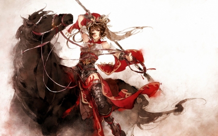 Fighter on horse - art, girl, horse, luminos, fighter, asian, fantasy