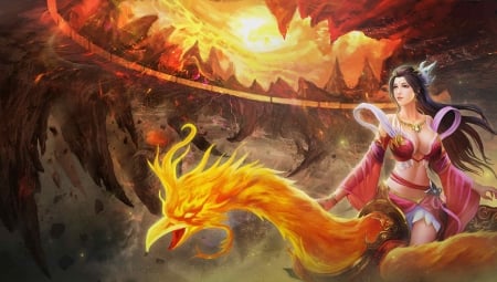 Phoenix - bird, game, phoenix, girl, orange, fantasy, fire, pasare, luminos