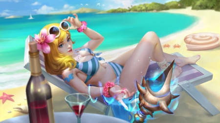 Summer - beach, drink, girl, swimsuit, frumusete, summer, fantasy, blue, luminos, hua bai, sunglassess