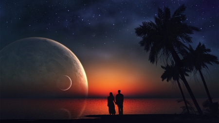 Lovers - moon, silhouette, couple, palm tree, water, summer, black, fantasy, lovers, orange, luna, sea, planet